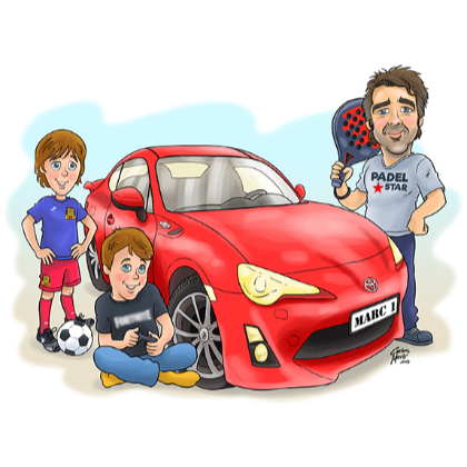 caricatura personalitzada de família amb cotxe