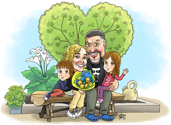 caricatura personalitzada de familia amb fons