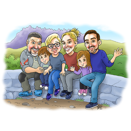 caricatura personalitzada de família amb fons