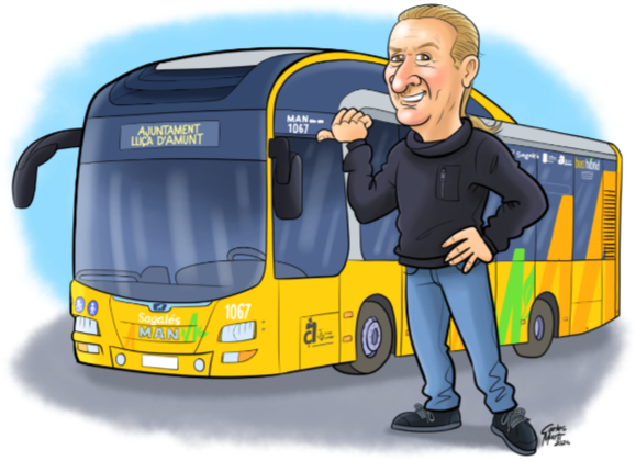 caricatura personalitzada de jubilacio de home gran amb un autobus