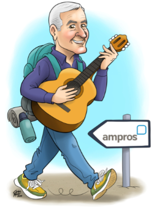 caricatura personalitzada de jubilacio de home gran caminant amb motxilla i tocant la guitarra