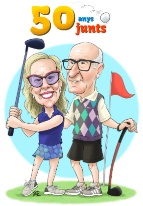 caricatura personalitzada de parella de avis jugant a golf celebrant el seu 50 aniversari de boda